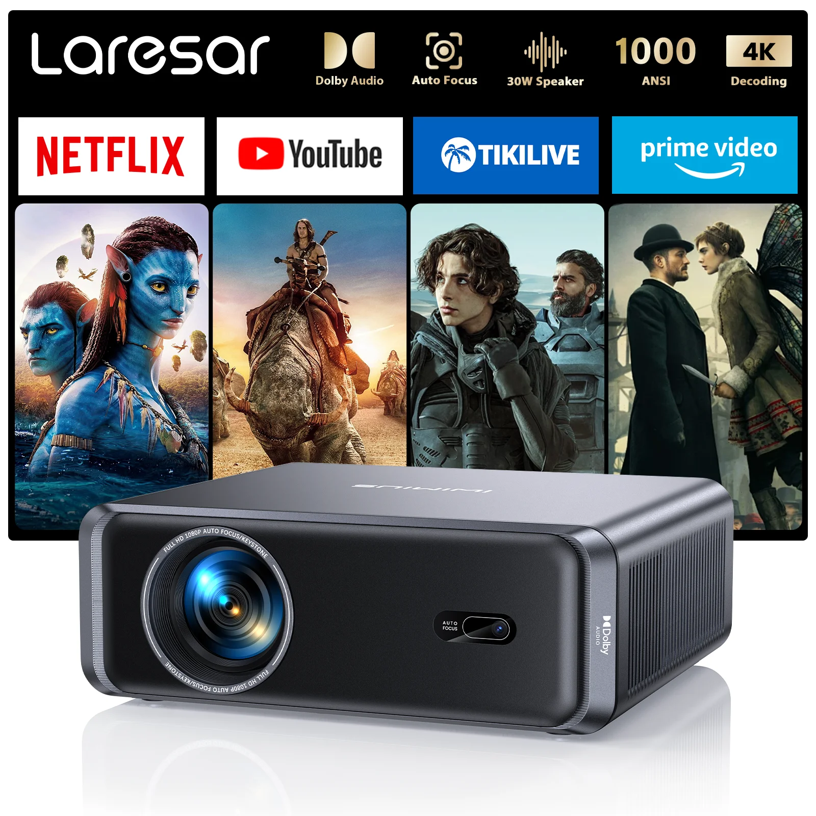 Laresar A1-Projektor 4K 1000ANSI Netflix Offiziell Native 1080P Android TV Autofokus/Keystone WiFi6 BT5.2 Dolby Heimkino