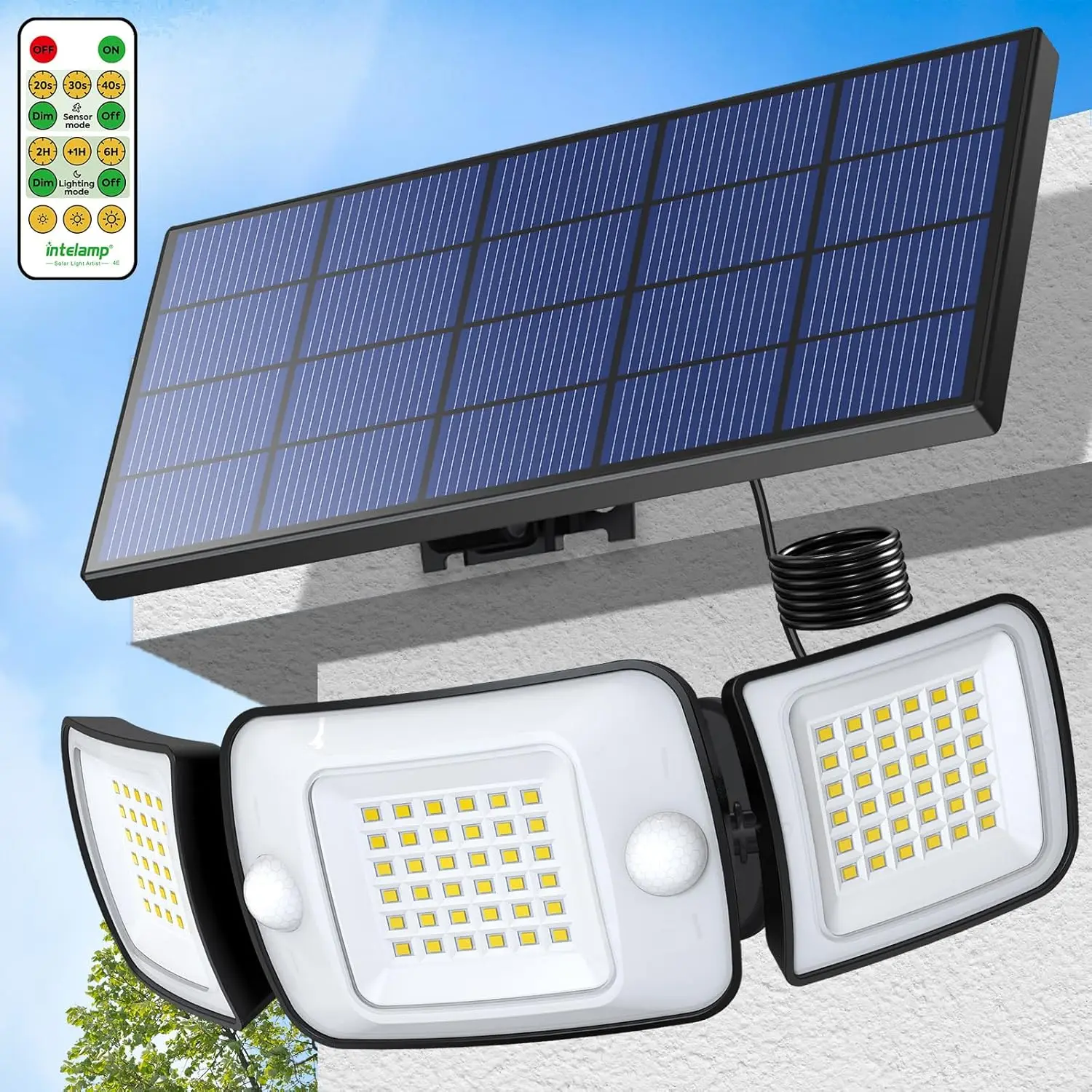 intelamp Langlebige 6000-mAh-Solar-LED-Leuchten für den Außenbereich mit größerem Solarpanel, zwei Bewegungssensoren, Wandlampe, Garten- und Straßenstrahler