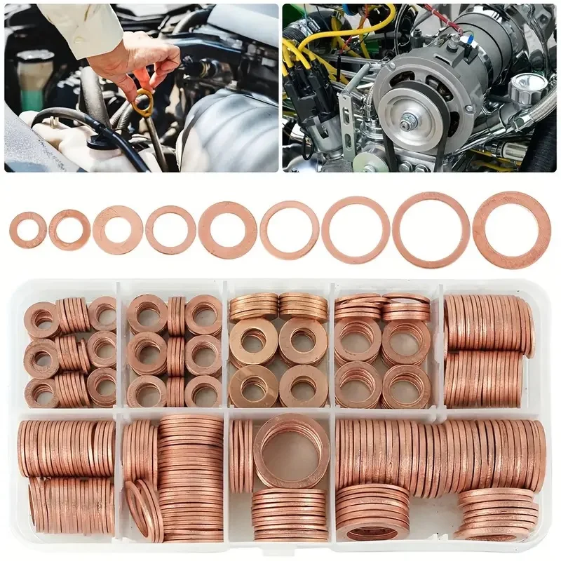400 stücke Kupfer Unterlegscheibe O Ring Dichtung Set Abdichtung Solide Dichtung Unterlegscheibe Flache Ring Dichtung Sortiment Kit Für Sumpf Stecker Image