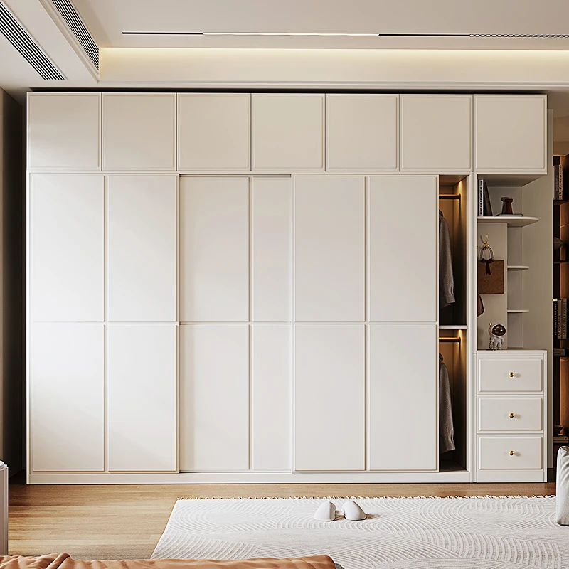 Cremefarbener Wind-Schiebetür-Kleiderschrank, Schlafzimmer, Haushalt, kleine Wohnung, moderne, einfache Schiebetür-Aufbewahrung, fertiger Kleiderschrank