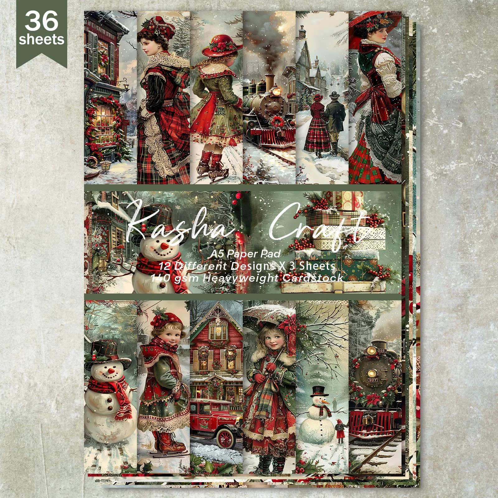 Papier fin de coupe pour journal intime, journal intime, magazine indésirable, fond de carte de voeux, hiver Victoria Christmas, A5, 36 feuilles
