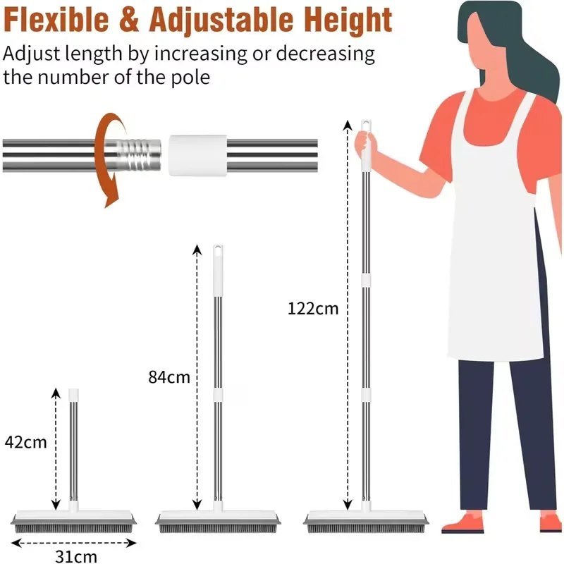 2-in-1-Gummibesen und Bürste für Tierhaare in Teppichen, Bürste, verstellbare Haarentfernung, Teppich, Küchenfliesen, Fenster, langer Griff Image