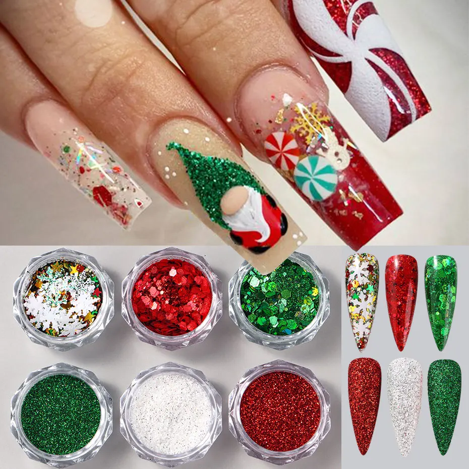 6-Farben Winter Schneeflocke & Glitzer Nagelpulver Weihnachten Rot Grün Sechseck Nagelflocke Neujahr Festival Maniküre Pailletten Dekor Image