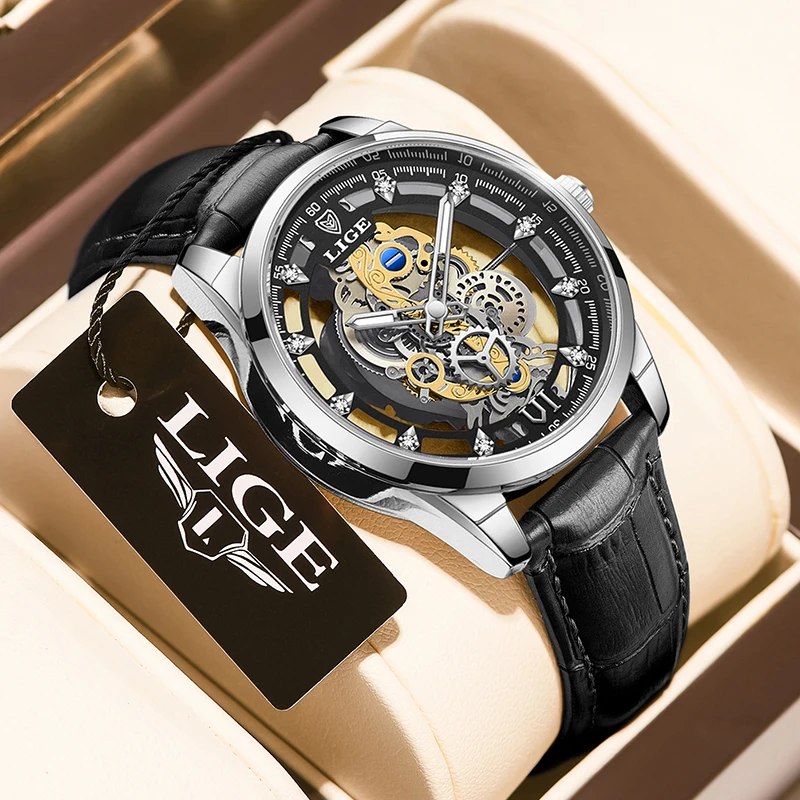 LIGE Mode Luxus Quarz Uhren für Männer Hohl Zifferblatt Getriebe Wasserdicht Casual Sport Lederband Mann Uhr Einfache Armbanduhren Image