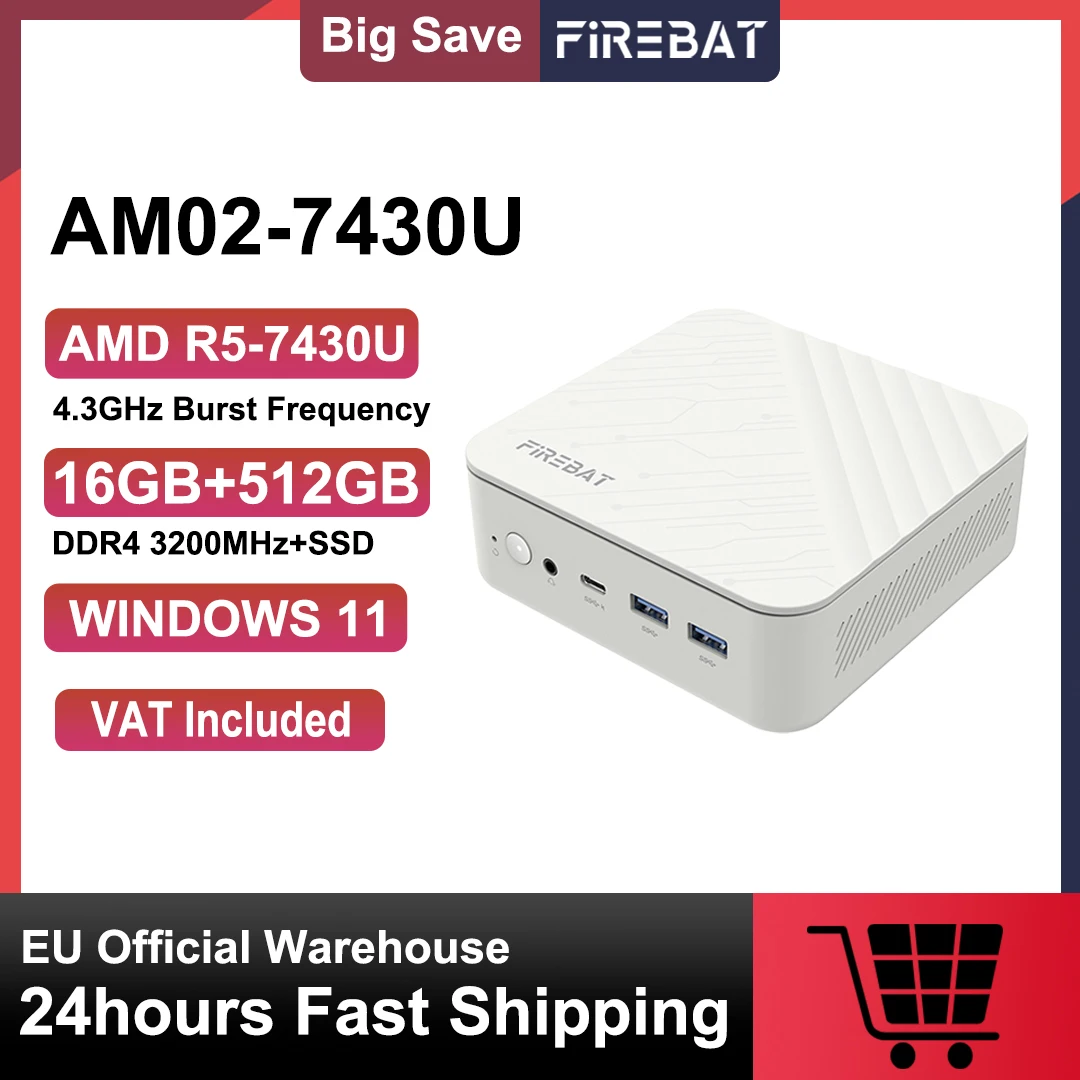 FIREBAT MINI PC AM02 AMD Ryzen 5 7430U Windows 11 PC 16 GB DDR4 3200 MHz 512 GB SSD WLAN 6 BT5.2 HDMI 2.1 2,5 Gbit/s Desktop-Computer