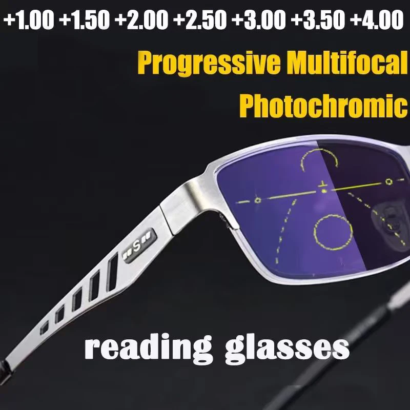 Anpassung Photochrome Multifokale Lesebrille Männer Progressive Anti-Blue Ray Business Brille Halbrahmen Brillen 1,0-3,5 Image