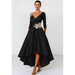 Elegantes A-Linien-Mutter der Braut-Kleid V-Ausschnitt Asymmetrische Satin-Applikationen Lange Ärmel