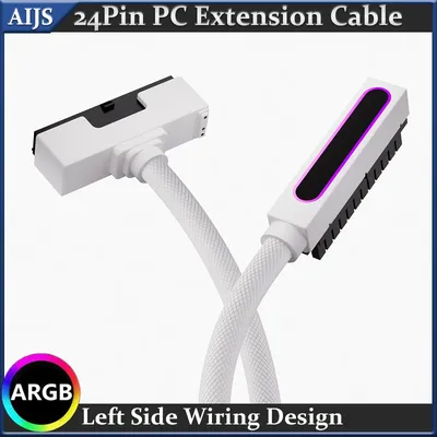 ﻿ AIJS Computer Power Extension Cable ATX24PIN Extension Cable With ARGB SYNC One-Line Desgin 90° Right Angle Motherboard Cord