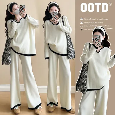 Spring Autumn Maternity Set Fashionable Color Block Knit Top With Lounge Pants Trendy Loose Fit Two Piece Pregnancy Outfit