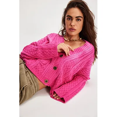 Washed Ashore Cardi at Free People in Hot Pink Combo, Size: Medium