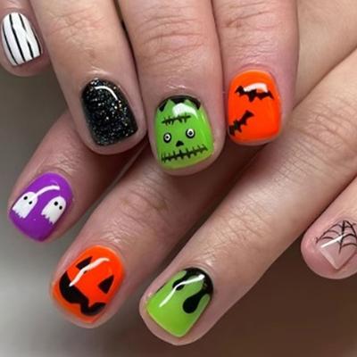 Halloween Yellow Flowers Press on Nails Short Square Fake Nails with Cute Little Ghost Designs Black Matte Artificial Nails Full Cover Stick on Nails Halloween Glue on Nails for Women Nail Art DIY