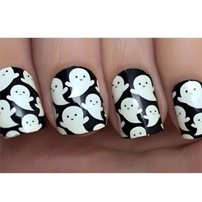 Halloween Yellow Flowers Press on Nails Short Square Fake Nails with Cute Little Ghost Designs Black Matte Artificial Nails Full Cover Stick on Nails Halloween Glue on Nails for Women Nail Art DIY