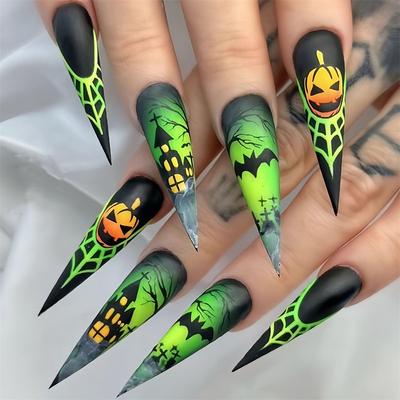 24 Pcs Halloween Press on Nails Long Stiletto Fake Nails Red Black Gradient False Nails with 3D Design Goth Acrylic Nails Press ons Halloween Glue on Nails Full Cover Reusable Stick on Nails for Women