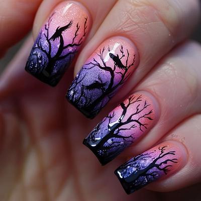 Stickers Black Halloween Tree Glossy Nail Stickers Purple Gradient Cool Nail Stickers Black Bat Square Wearable Nail Stickers Fashionable Nail Stickers 24pcs
