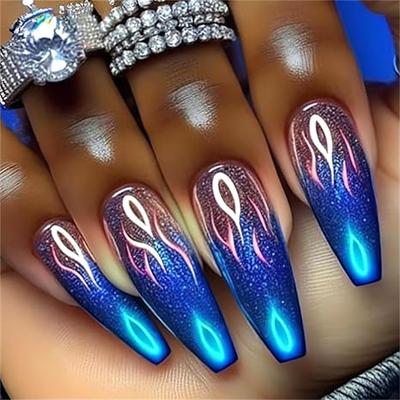 24Pcs Long Press on Nails Coffin Fake Nails with Blue Flame Designs Acrylic False Nails Blue Glossy Glue on Nails Halloween Artificial Nails Reusable Full Cover Stick on Nails for Women