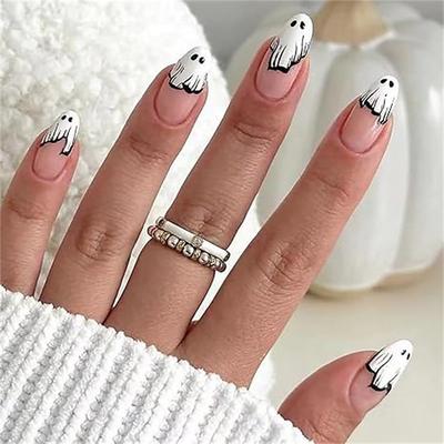 Halloween Press on Nails Medium Almond Fake Nails with Ghost Nails Tip Design Cute Acrylic Nails French Tip False Nails Ghost Glue on Nail Full Cover Glossy Halloween Artificial Nail for Women
