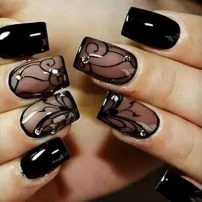 Black Press on Nails Short Square Fake Nails Black Vine Acrylic Glue on Nails Full Cover Glossy Nails Press ons Short Stick on Nails Summer Artificial Nails for Women Girls - 24Pcs