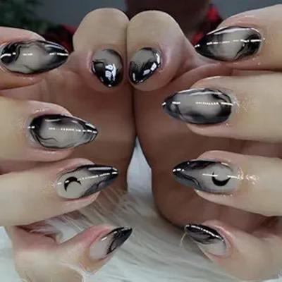 Press On Nails - Medium Almond Fake Nails Black Glue On Nails Moon Goth Punk Design 24 Pcs Halloween Stiletto Stick On False Nails