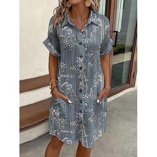 Per donna Mini Abito Abito Camicia Vestito Casual Abito Stampato Moda Moderno Quotidiano Spiaggia Weekend Vestibilità regolare Floreale Manica Corta Colletto a Camicia Blu Estate Primavera Autunno