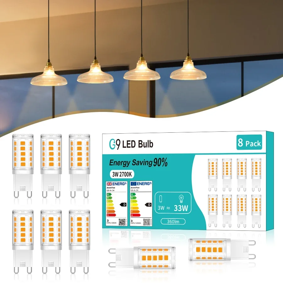3/8er-Pack G9-LED-Lampen, 3 W, kein Flimmern, äquivalent, 30 W Halogenlampen, warmweiß, kaltweiß, Maislicht, dekorative Kronleuchterbeleuchtung