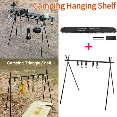 Outdoor Folding Camping Hängen Rack Regal Top Platte mit Haken Dreieck Lagerung Aufhänger Picknick Kochgeschirr Topf Pfanne Hängen Rack