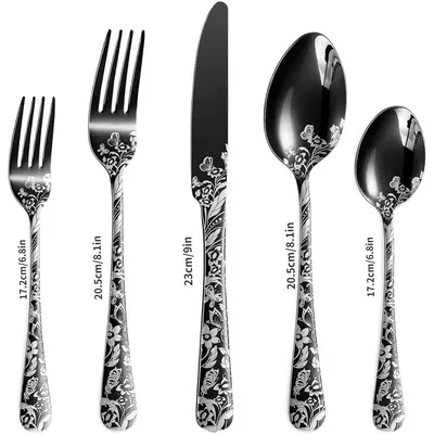 20 Pieces of Stainless Steel Tableware Set with Butterfly Pattern Silverware, Mirror Polished, with Spoon, Fork and Knife, Suitable for Dark Rock Enthusiasts, Suitable for Halloween,