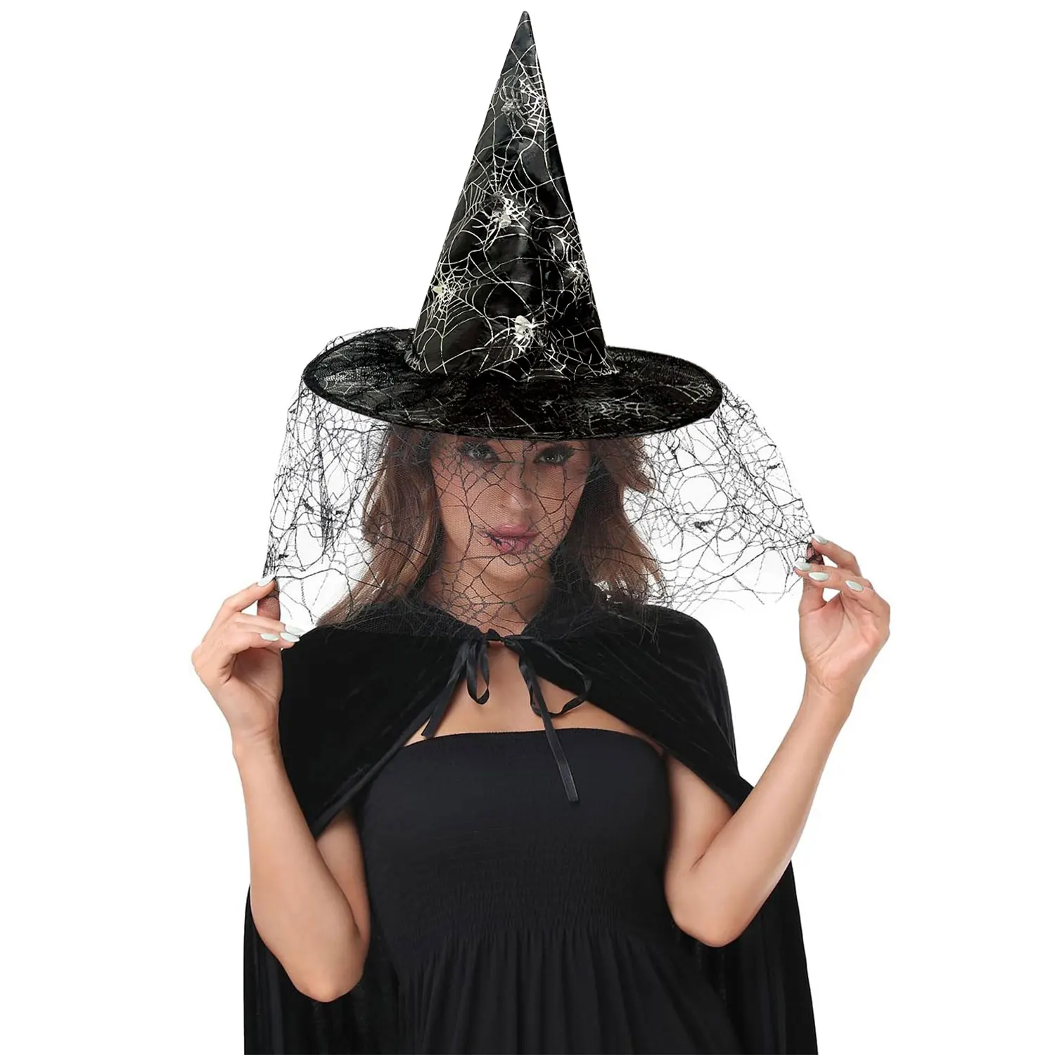 2 Stück American Trends Halloween Hexenhut für Frauen Zaubererhut mit Netz Cosplay Kostümzubehör für Party Image