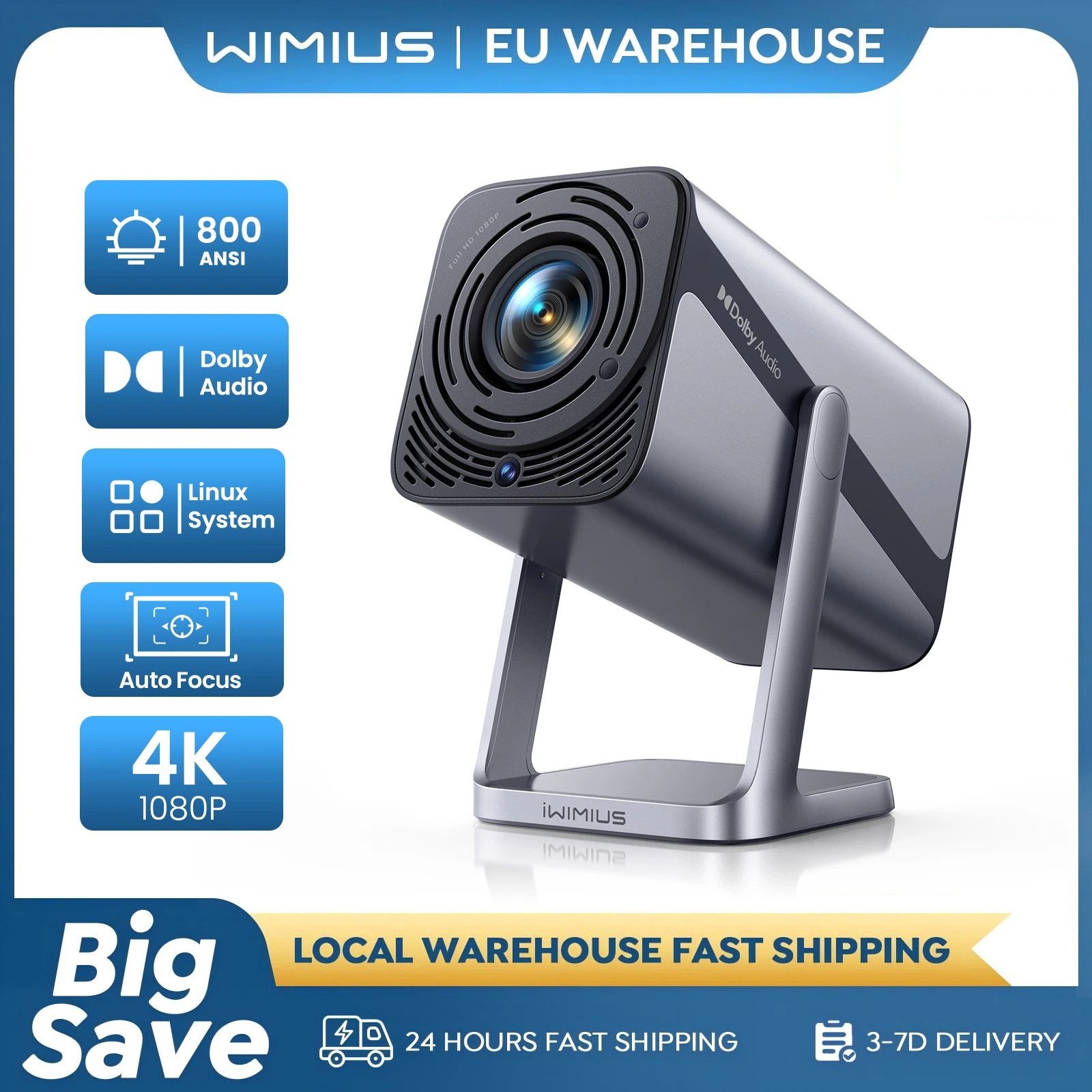 Wimius 4K-Projektor, offizielles Netflix 800ANSI Autofokus/Keystone FHD 1080p WIFI 6 Bluetooth5.2 Dolby 360 ° Drehen Sie Heimkino Image