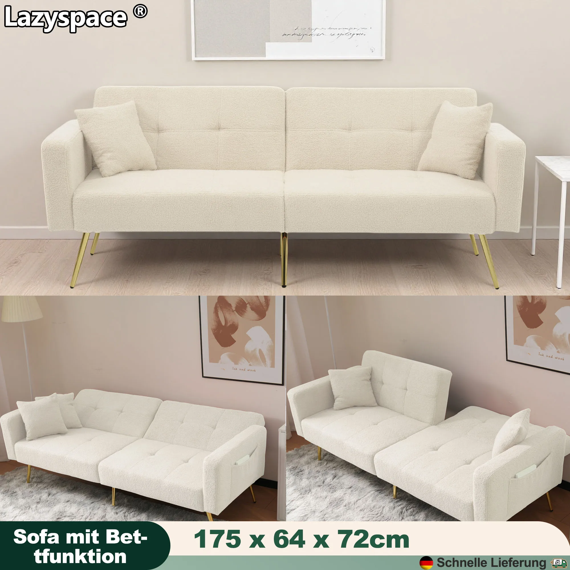 Lazyspace Samt-Wohnzimmersofa mit Bettfunktion, verstellbare Winkelrückenlehne, modernes Schlafsofa mit Kissen und Seitentaschen