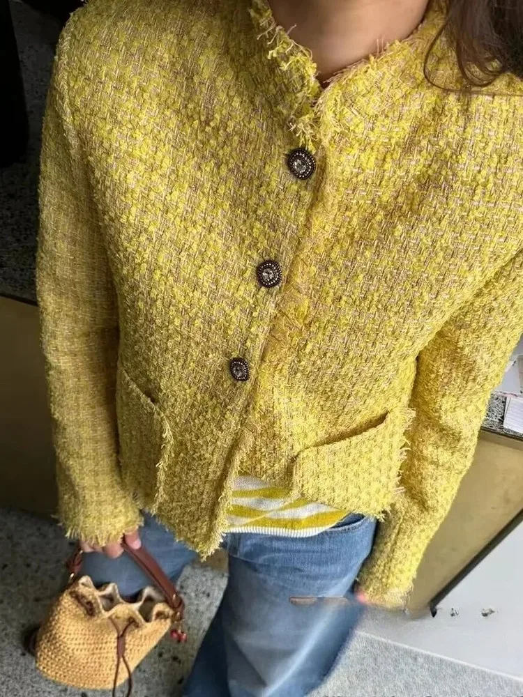 KONDALA Casual Butter Gelb Frauen Jacken Langarm Tasten Quaste Büro Mantel Mode 2025, Herbst Winter Streetwear Outwears