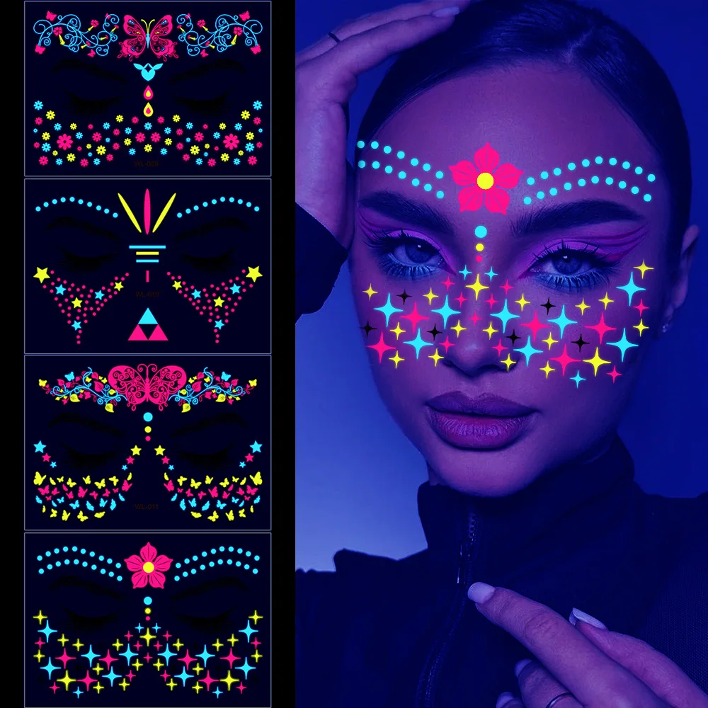 Leuchtende temporäre Tattoo-Aufkleber, UV-Leuchten, fluoreszierend im Dunkeln, für Körper, Gesicht, Tattoo-Aufkleber, Party-Zubehör, Requisiten Image