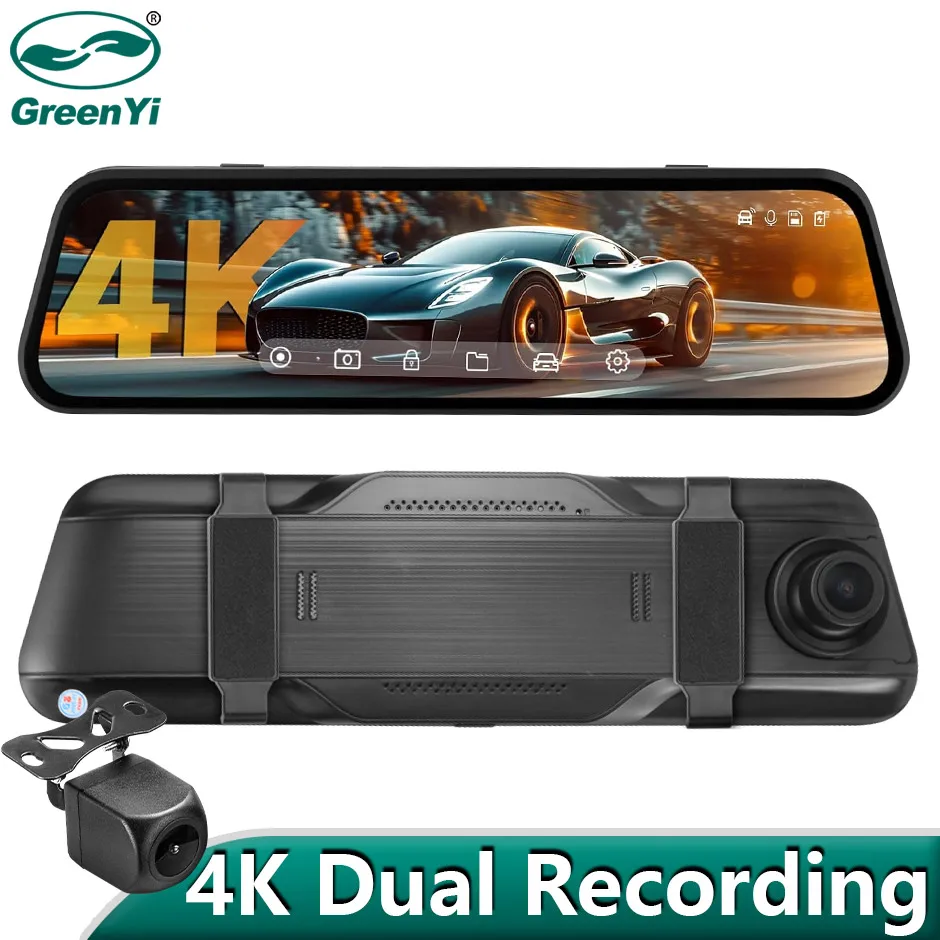 GreenYi 9 Zoll Recorder Auto DVR Parkplatz Spiegel Monitor 4K Vorne 1080 Hinten Automobil HD Dash Cam Dual Objektiv WIFI 24H GPS Optional Image