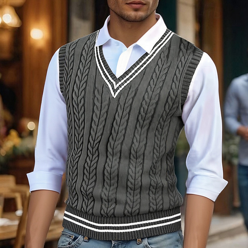 Men's Sweater Vest Dress Sweater Pullover Sweater Jumper Vest Knit Sweater Ribbed Cable Knit Regular Tops Knitted Color Block V Neck Fashion Casual Vacation Daily Wear Clothing Apparel Fall Winter
