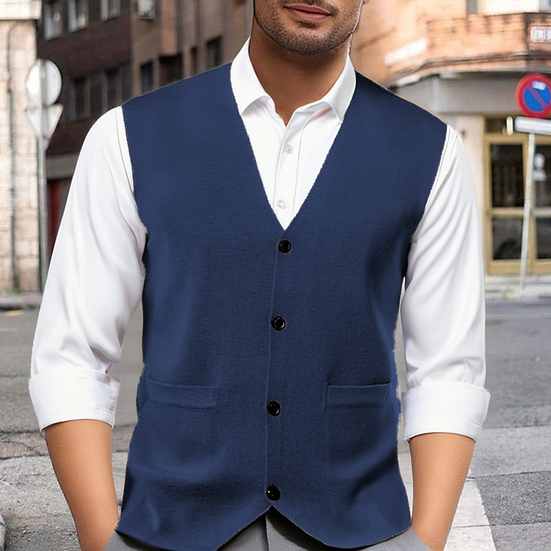 Men's Sweater Vest Dress Sweater Vest Knitwear Cardigan Vest Ribbed Knit Regular Tops Pocket Buttons Plain V Neck Fashion Classic Vacation Daily Wear Clothing Apparel Fall Winter Navy Blue Blue S M L
