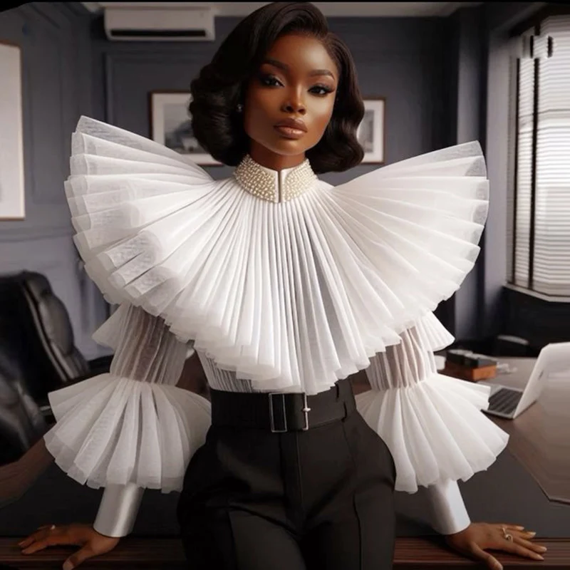 Gorgeous White Pleated Tulle Top Tiered Trumpet Long Sleevs Pearls Beaded High Neck Girls Top Women Formal Wear Shirt