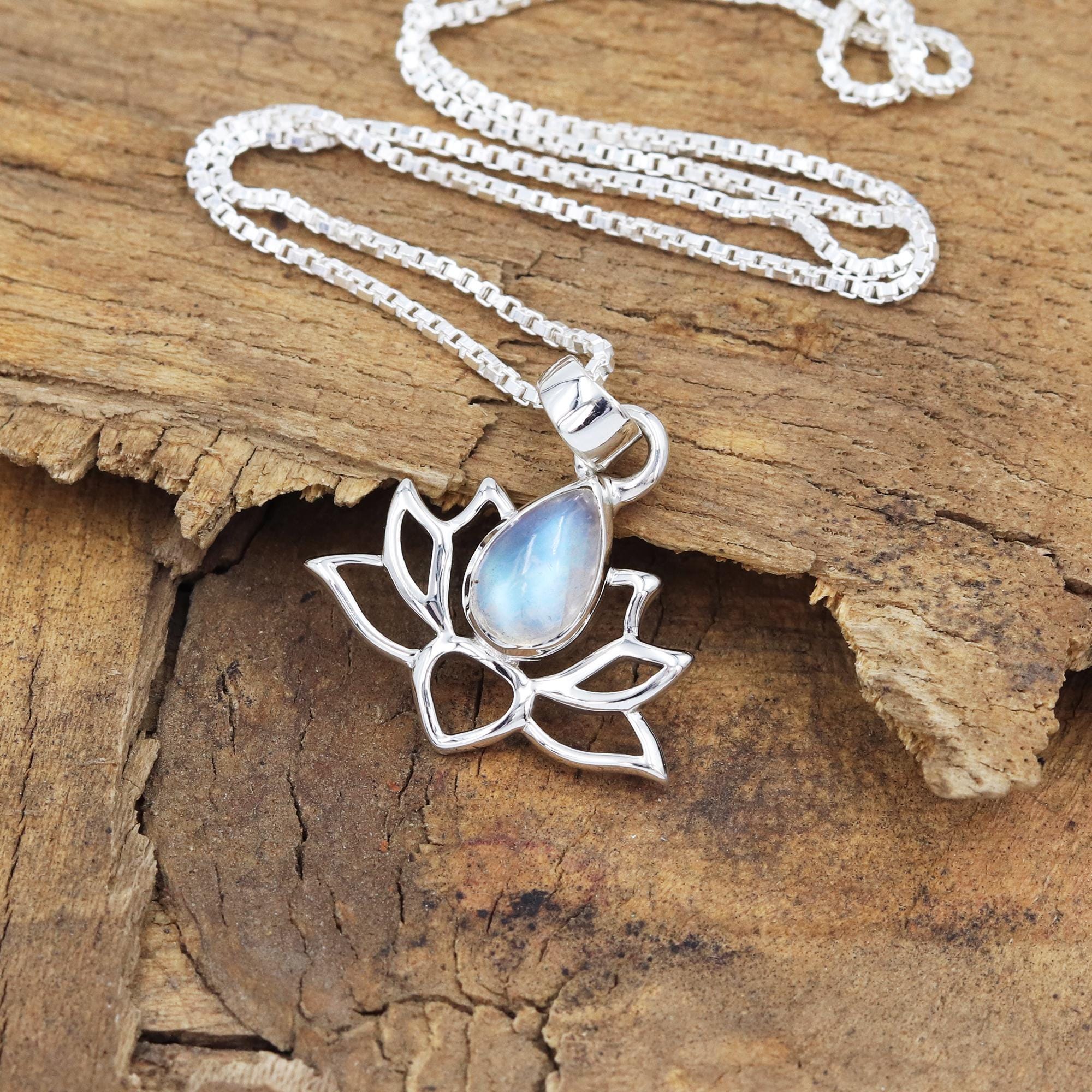 Collana con ciondolo a forma di loto in pietra di luna arcobaleno, in argento sterling 925 o placcato oro 18 carati, regalo per lei con ciondolo flore