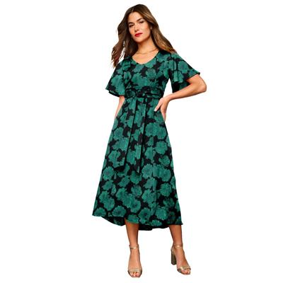 Plus Size Women's Bi-Stretch Wrap Dress by Roamans in Black Emerald Watercolor (Size 26 W)