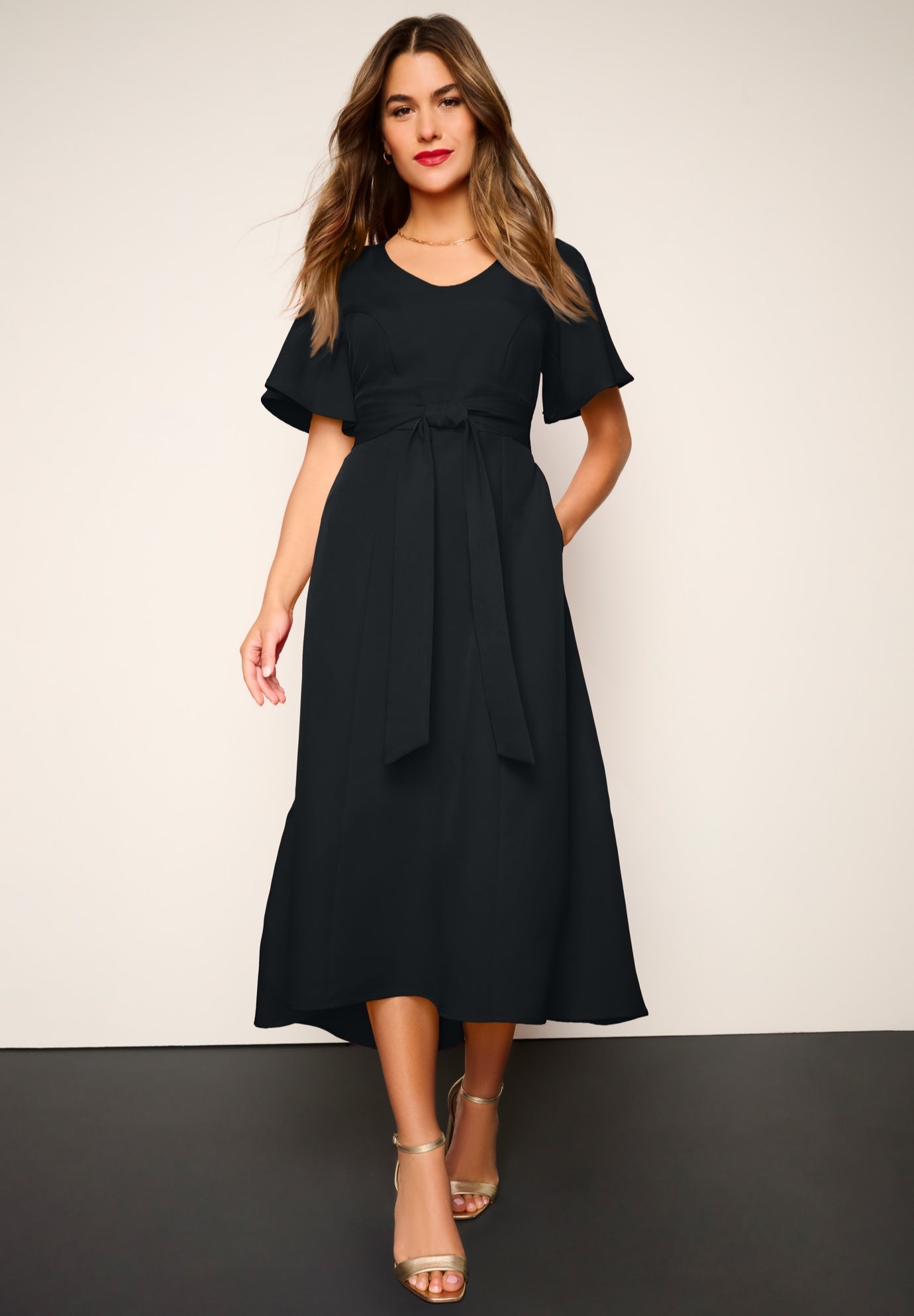 Plus Size Women's Plus Size Flutter Sleeve V-Neck Fit and Flare Bi-stretch Maxi Dress by Roaman's in Black (Size 18 W)