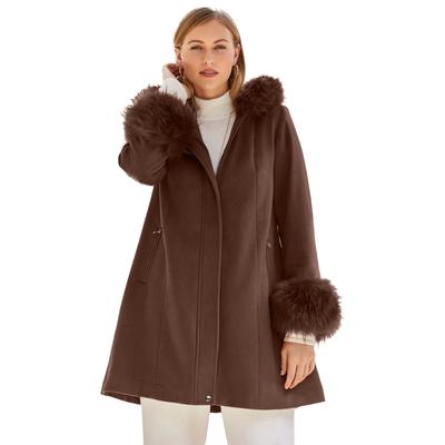 Plus Size Women's Hooded Faux Fur Trim Coat by Jessica London in Rich Brown (Size 18 W) Winter Wool Hooded Swing Coat