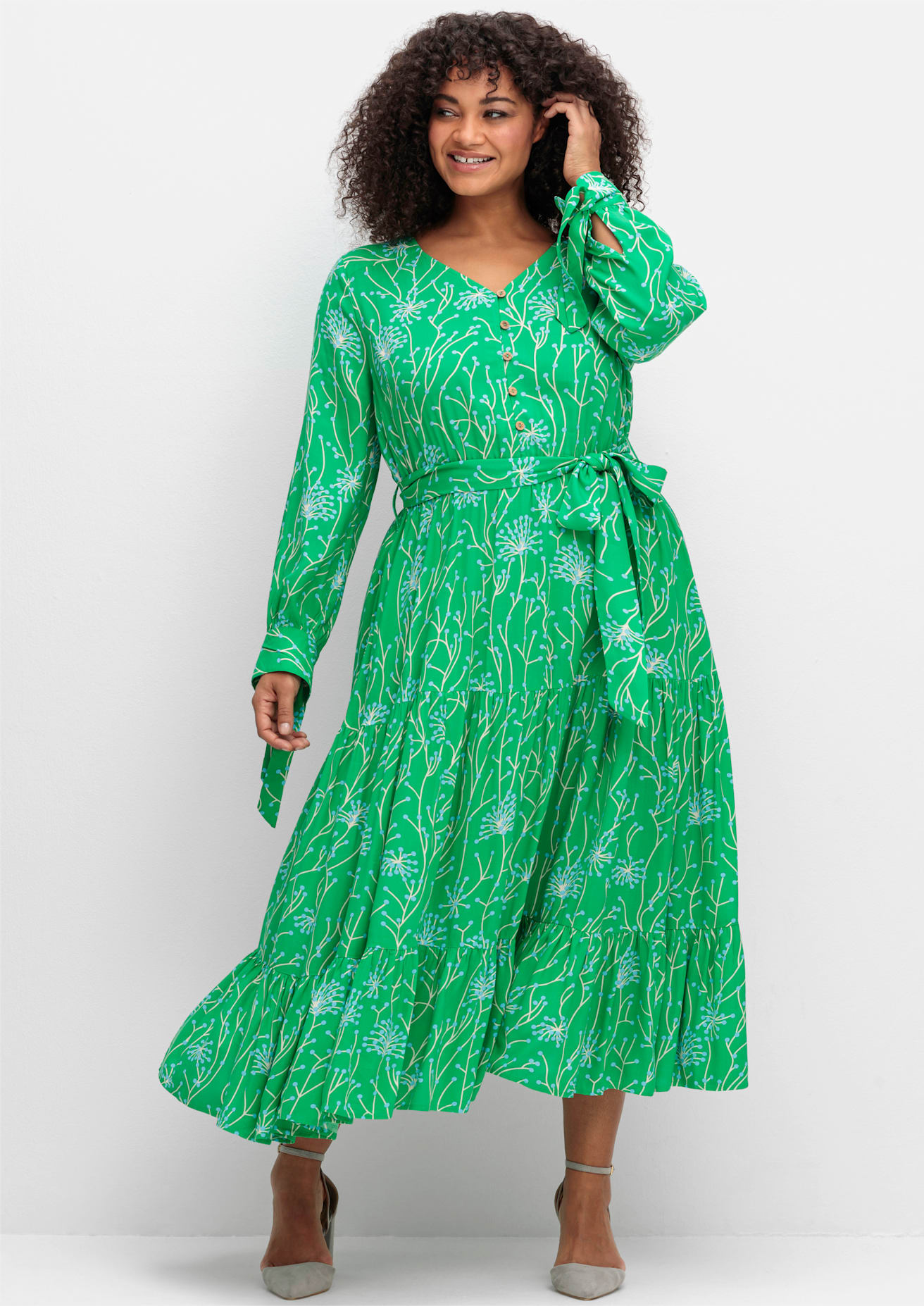 Maxikleid SHEEGO BY JOE BROWNS "Maxikleid", Damen, Gr. 40, Normalgrößen, grün, 100% Viskose, bedruckt, gemustert, mehrfarbig, lang, V-Ausschnitt, Kleider Maxikleid