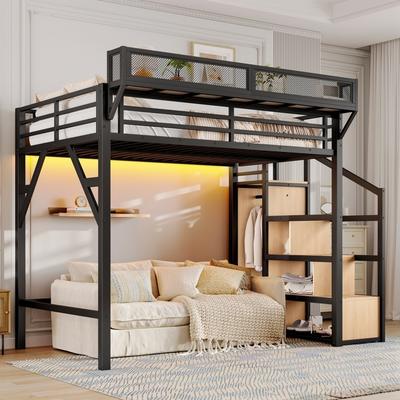 Metal Loft Bed with Storage Stairs, Shelves and Built-in Wardrobe