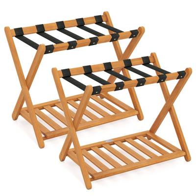 Costway Set of 2 Folding Luggage Racks with 5 Nylon Straps and Slatted Storage Shelf