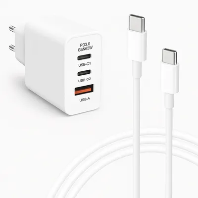 65 W USB-C Schnellladekabel mit Datenfunktion 2m inklusive 65W USB C und USB-A Netzteil Ladeset für Smartphone MacBook Laptop und Tablet kompakt Weiß Image
