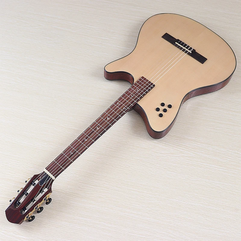 40 Zoll Silent Classic Gitarre, dünner Korpus, 6-saitige Fichtenholzplatte, Hochglanz, klassische Silent-Gitarre, natürliche und sonnenbrandfarbene Farbe Image