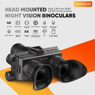 GOYOJO Night Vision 4K 600m Hunting Binoculars Head Mounted Helmet 8x Zoom NG Night Vision Goggles with Tactical Flashlight