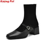Krazing Pot Plus Größe 34-43 Kuh Haut Karree Zipper High Heels Moderne Stretch Stiefel Warme Winter Schuhe Dating ins Stiefeletten