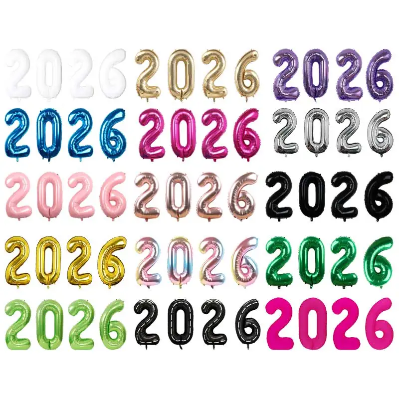16/32/40 Zoll Frohes Neues Jahr 2026 Digitaler Aluminiumfolienballon Frohes Neues Jahr Ballonbanner Silvesterparty-Dekorationsset Image