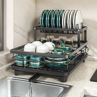 NEW Kitchen Plate Storage Box with Drainboard Above Sink Countertop Tableware Storage Rack Tableware Drying Rack Adjustable