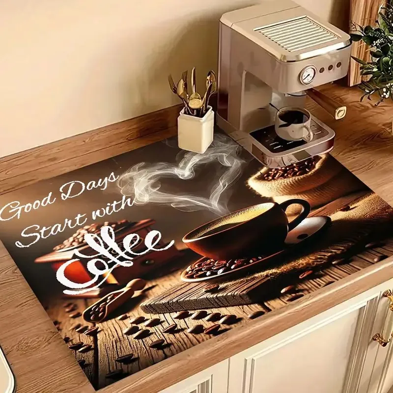 Klassische Kaffee-Design-Geschirrtrocknungsmatte aus weichem Gummi, rutschfest, saugfähig, schmutzabweisend, für Arbeitsplatten in der Küche, Kaffeebar Image