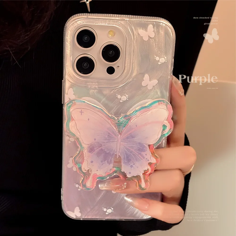 Luxus Laser Aquarell Schmetterling Halterung Telefon Fall Für iPhone 16 15 14 Plus 13 12 11 Pro Max stoßfest Schutzhülle Hard Cover Image